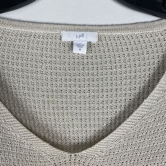 J Jill Crochet Open Knit Top Womens Sz  Medium Linen Blend Oatmeal Beach Coastal - Picture 4 of 6